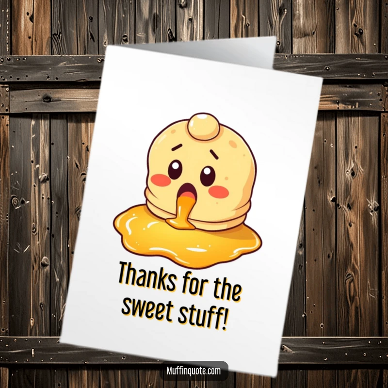 Funny Free Printable Pancake Thank You Card: A pancake character with glee spots a puddle of syrup, perfect for thanks.