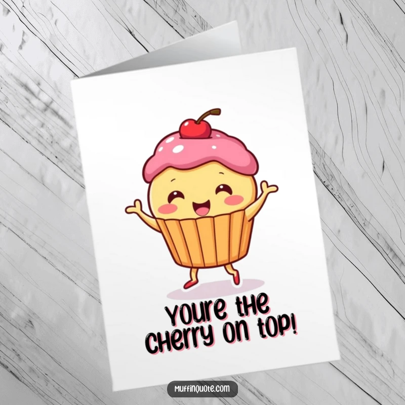 Funny Free Printable Thank You Card featuring a cute muffin character with a cherry, doing an energetic happy dance.