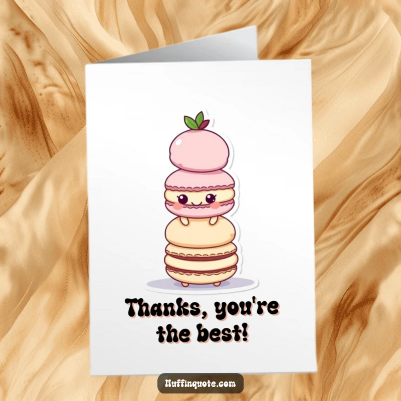Funny Free Printable Thank You Card: A playful macaroon character stacks itself high, offering a sweet thank you.