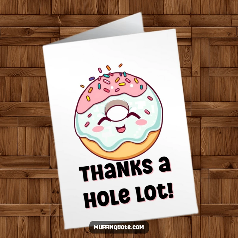 Funny Free Printable Thank You Card: A giggling donut character covered in sprinkles bounces with gratitude, a sweet thank you.