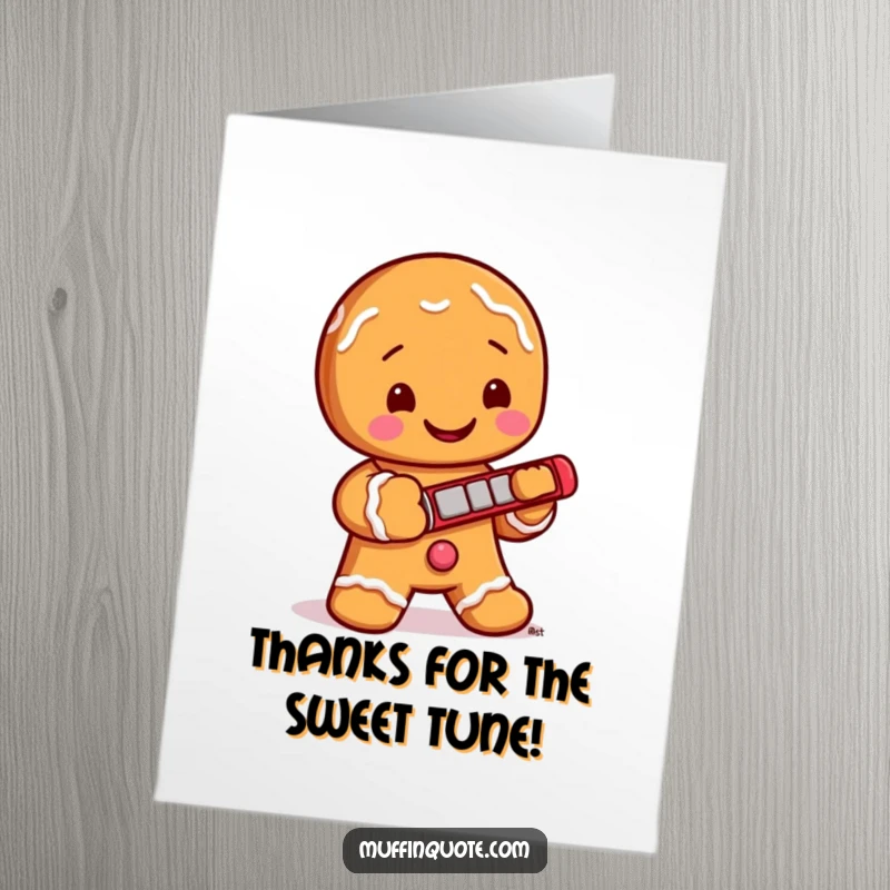 Funny Free Printable Thank You Card of a happy gingerbread man playing a tiny harmonica, conveying heartfelt thanks.