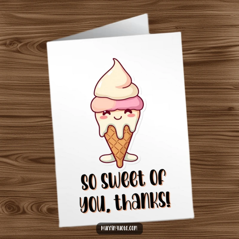 Funny Free Printable Thank You Card: A grinning ice cream cone character slowly melting, perfect for expressing sweet gratitude.