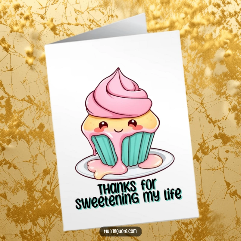 Funny Free Printable Thank You Card: A playful cupcake character with frosting dripping onto a plate, offering sweet thanks.