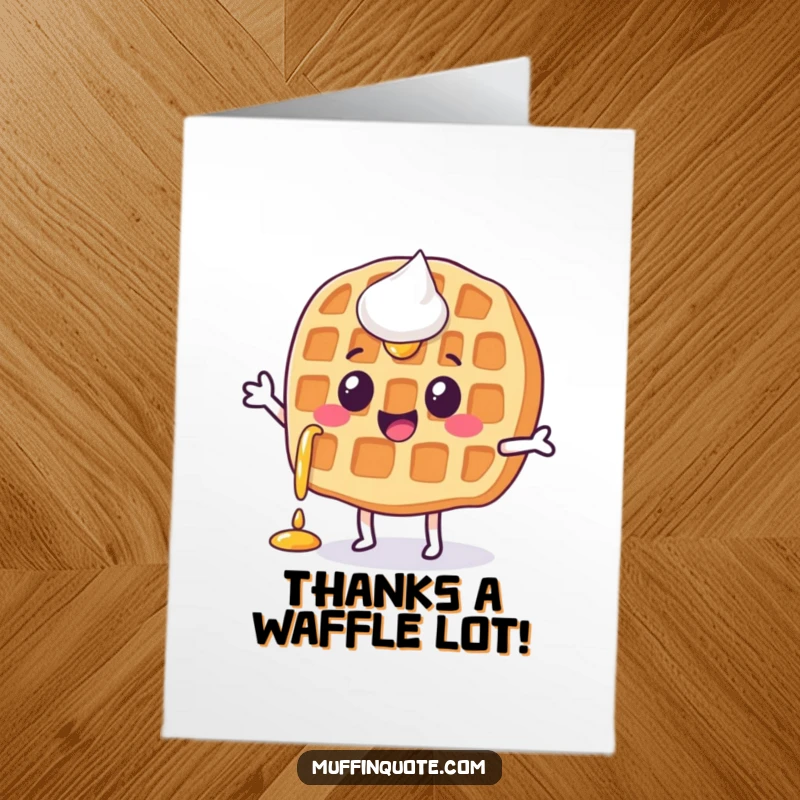 Funny Free Printable Waffle Thank You Card with a happy waffle character, syrup dripping, doing a jig to express thanks.