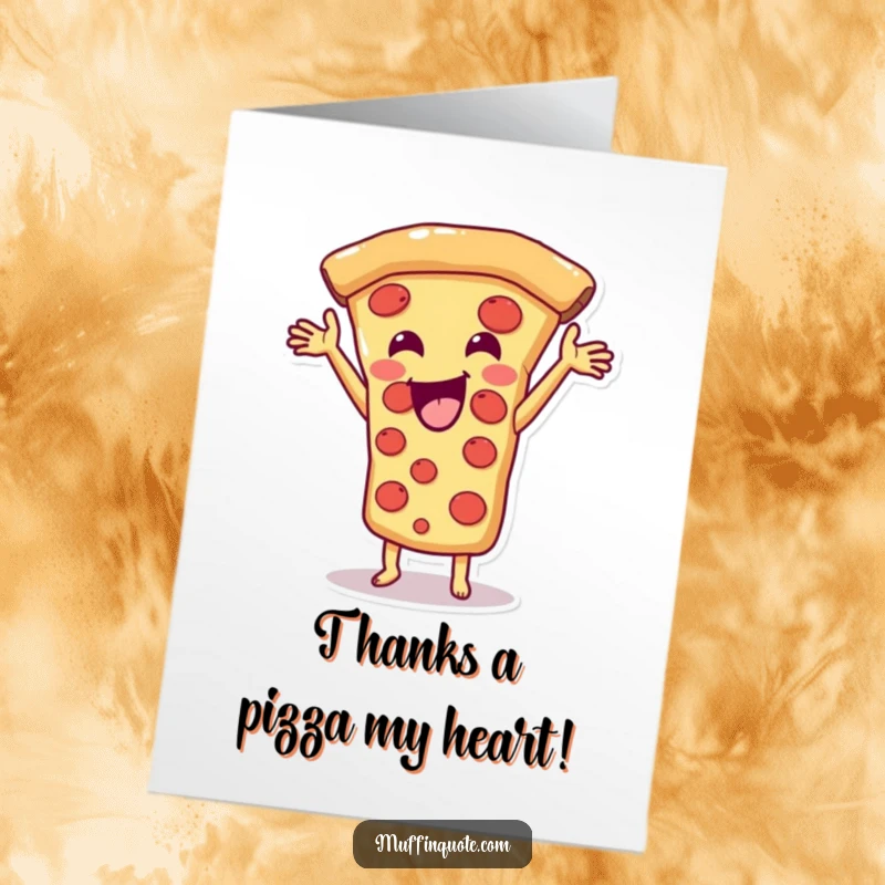 Funny Free Printable Thank You Card: Grateful pizza slice character stretching its cheese, offering a warm and witty thank you.