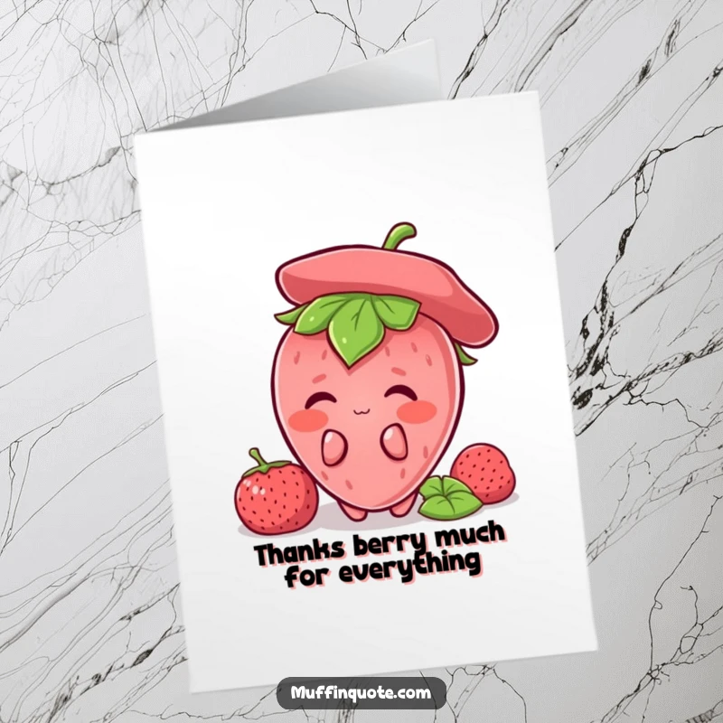 Funny Free Printable Thank You Card: A blushing strawberry character hiding shyly, offering a sweet and sincere thank you.