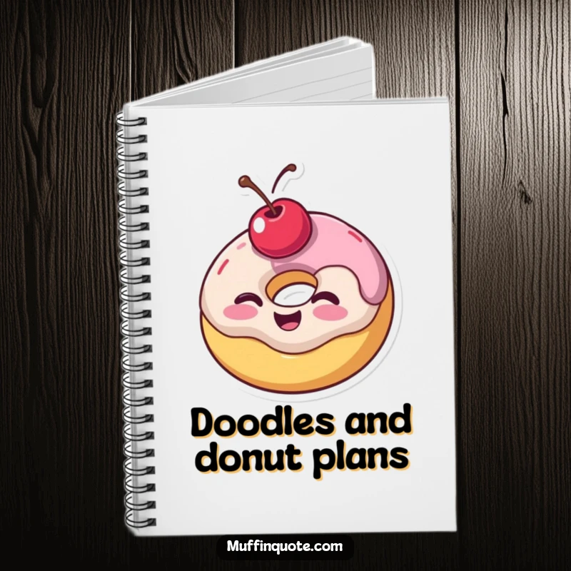 Funny notebook featuring a wobbly donut with a cherry on top giving a joyful wink, perfect for jotting down notes with a dose of sweet, charming humor.