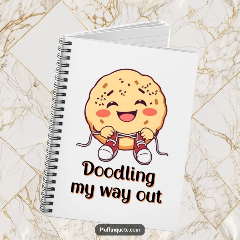 Funny cookie notebook with a grinning cookie, sprinkle freckles, and shoelace tying struggle, ideal for capturing notes humorously.
