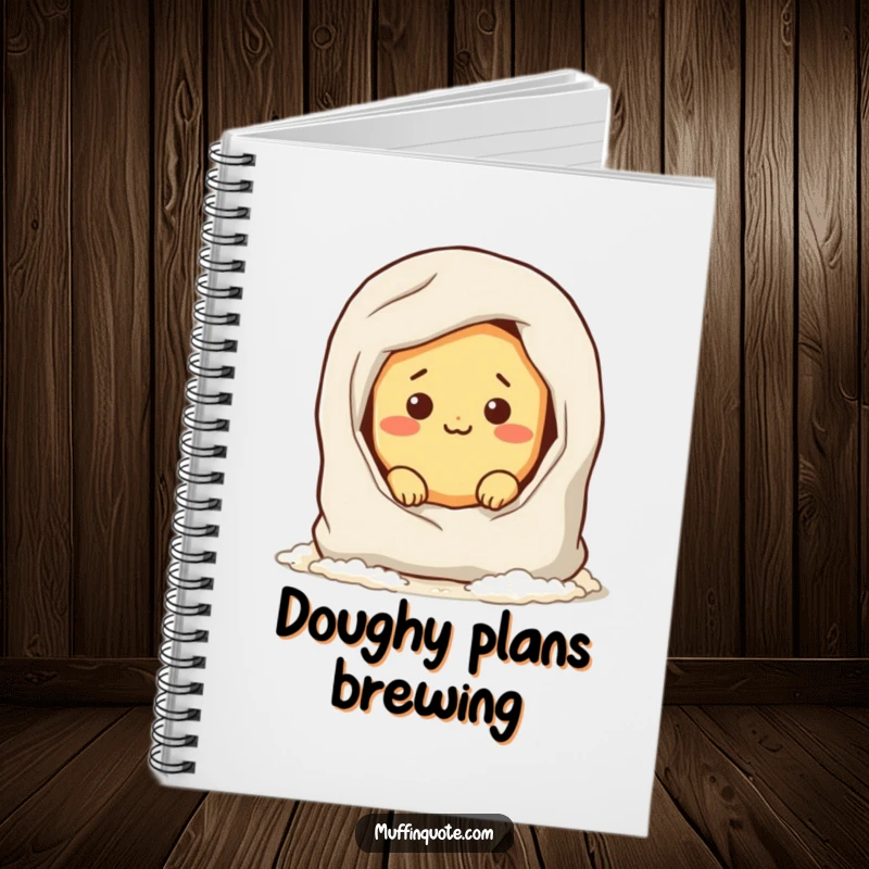 Funny notebook with a mischievous bread roll character hiding in a flour bag, ideal for jotting notes with a side of bakery-themed humor.
