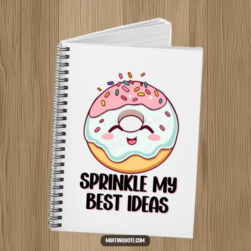 Funny donut notebook featuring a giggling character with scattered sprinkles, perfect for jotting down humorous notes.