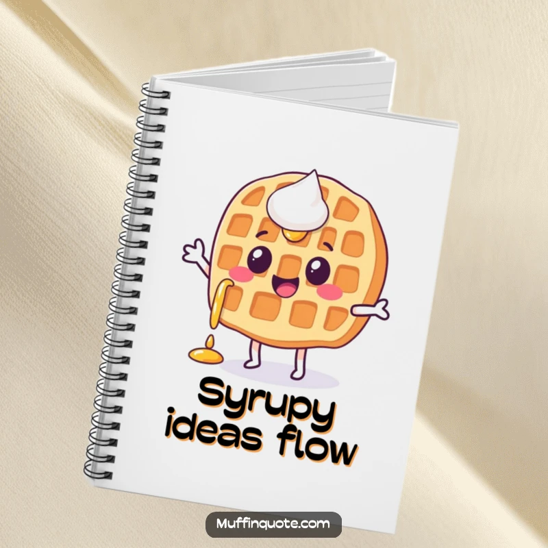 Funny, happy waffle character with syrup dripping, doing a little jig, on the cover of a notebook.