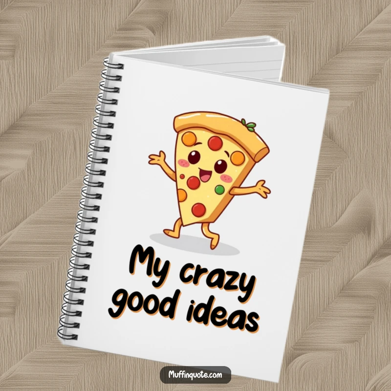 Funny pizza slice character with dancing toppings performing a jig, a humorous notebook for jotting ideas.