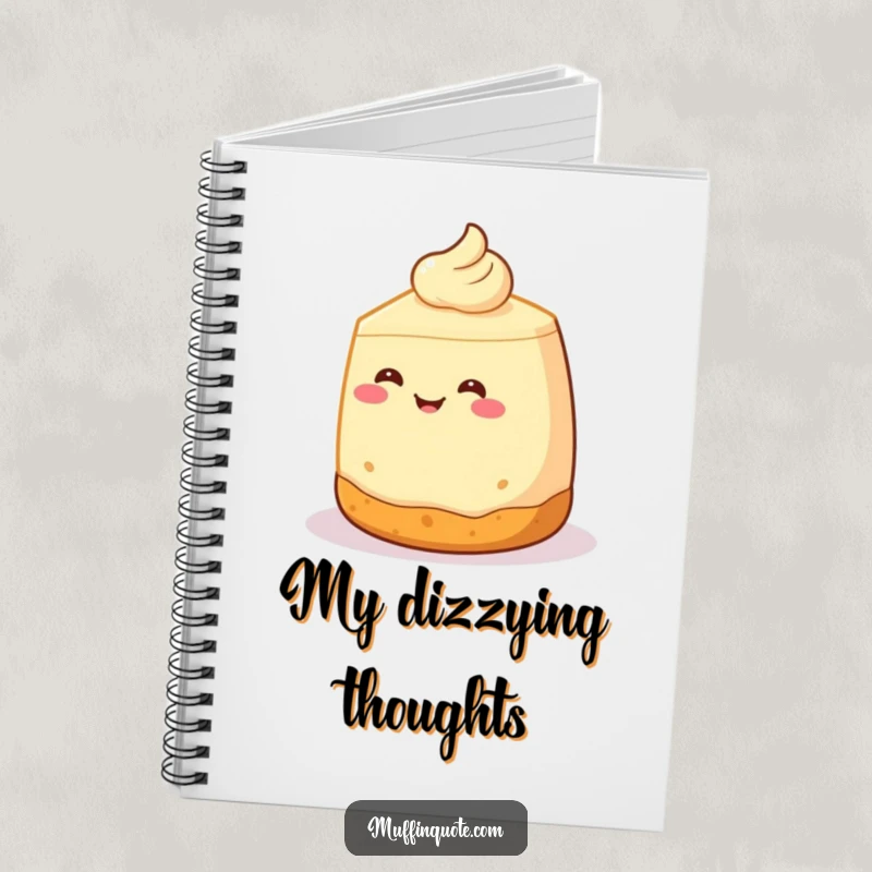 Funny Notebook: A smiling cheesecake character with a crust base is shown in a playful spin, ready to capture your sweet notes.