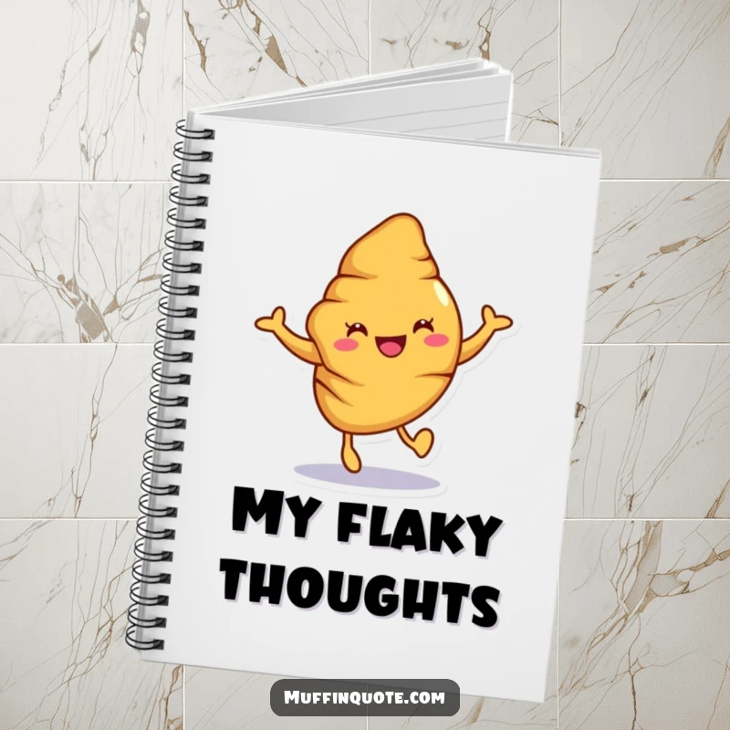 Funny croissant notebook with a joyful character hopping, perfect for jotting down ideas with baked-themed humor.