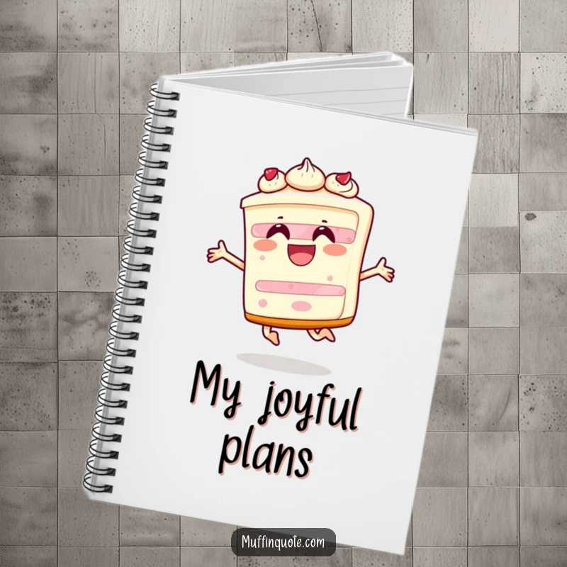 Funny notebook cover with a happy slice of cake character leaping energetically, inspiring joyful and celebratory thoughts.