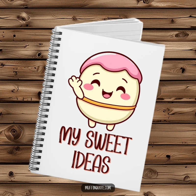 Funny, pastel macaron character shyly waving on the cover of a notebook, perfect for jotting down sweet thoughts.
