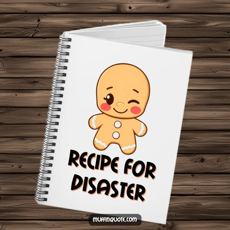 Funny notebook with a grinning gingerbread man winking cheekily, ideal for jotting notes with a side of sweet, festive humor.