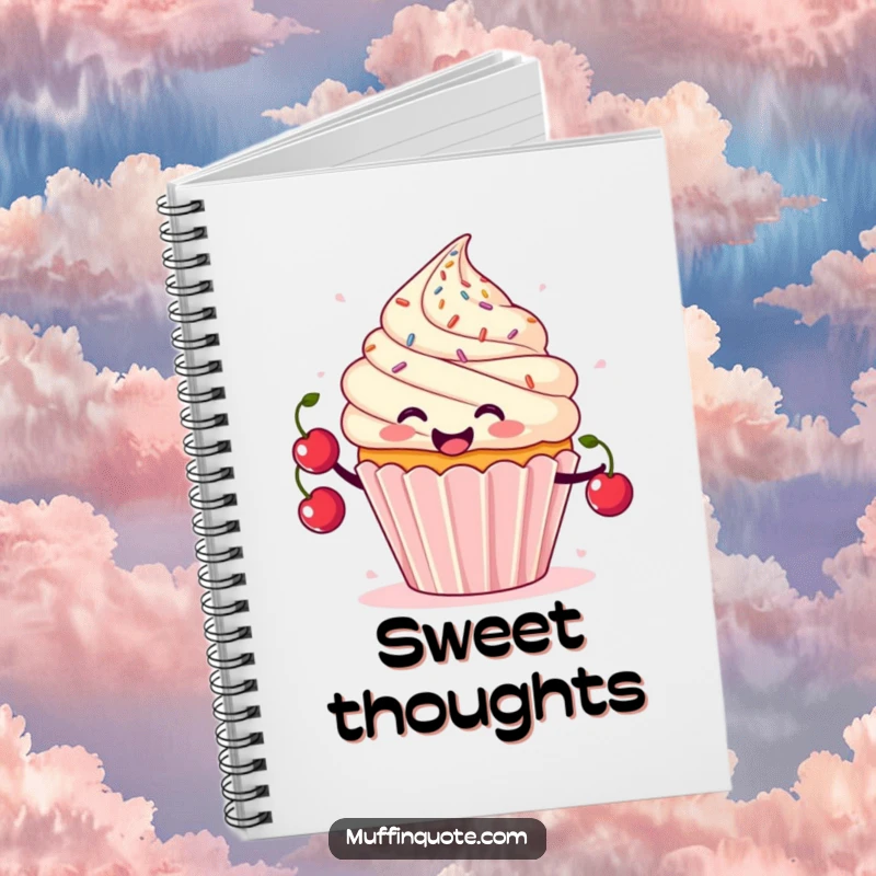 Funny cupcake notebook with a smiling character juggling cherries and sprinkles, perfect for journaling whimsy.