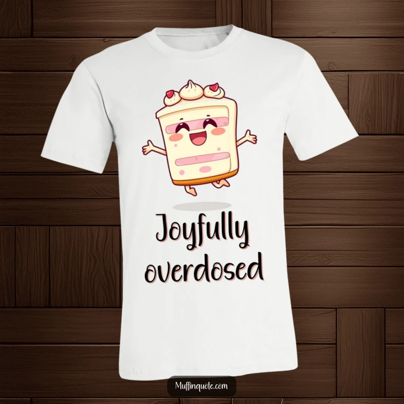 Funny T-shirt featuring a happy slice of cake character mid-leap, radiating pure joy and excitement, ready to celebrate.