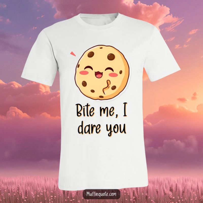 Funny Cookie Bite T-Shirt showing a laughing cookie character with a bite taken out, perfect for snack enthusiasts and as a funny gift.