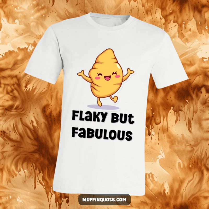 Funny croissant t-shirt showing a joyful character hopping, celebrating being freshly baked with delightful humor.
