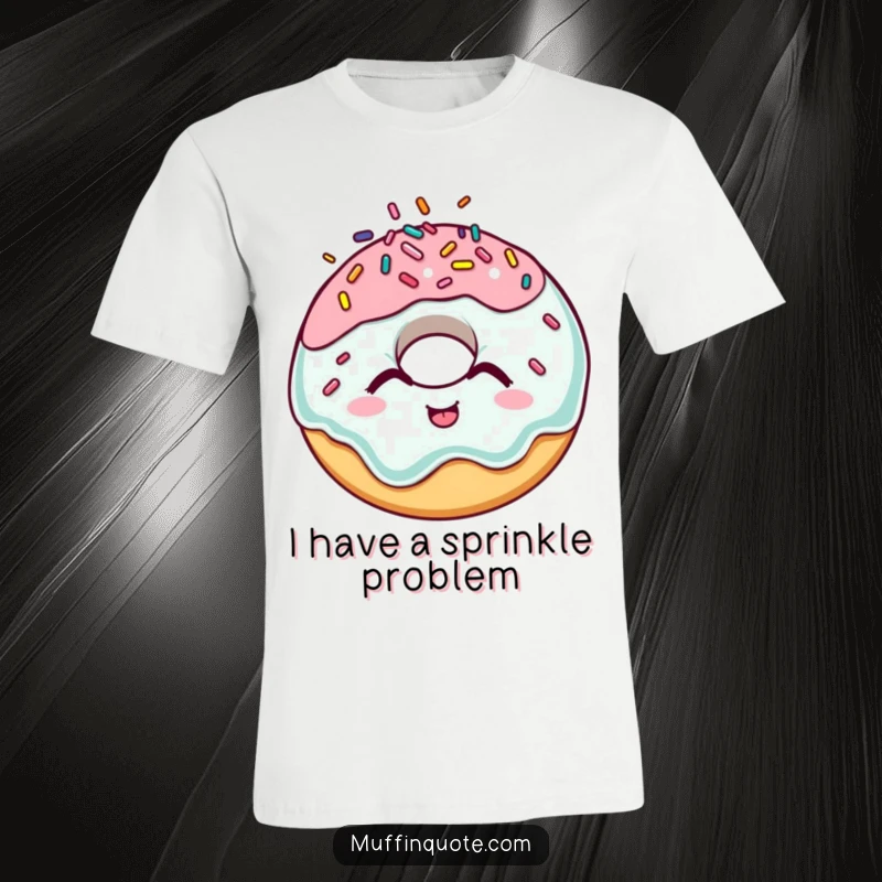 Funny donut character t-shirt, giggling with sprinkles flying off its head, a vibrant and humorous apparel choice.