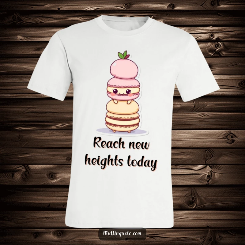 Funny T-Shirt: A playful macaroon character enthusiastically stacks colorful treats, showcasing aspiration.