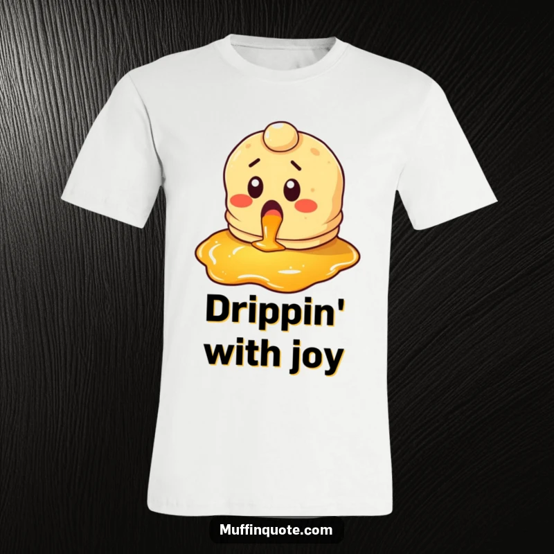 Funny pancake t-shirt with a surprised character looking at syrup with glee, celebrating breakfast with humor.