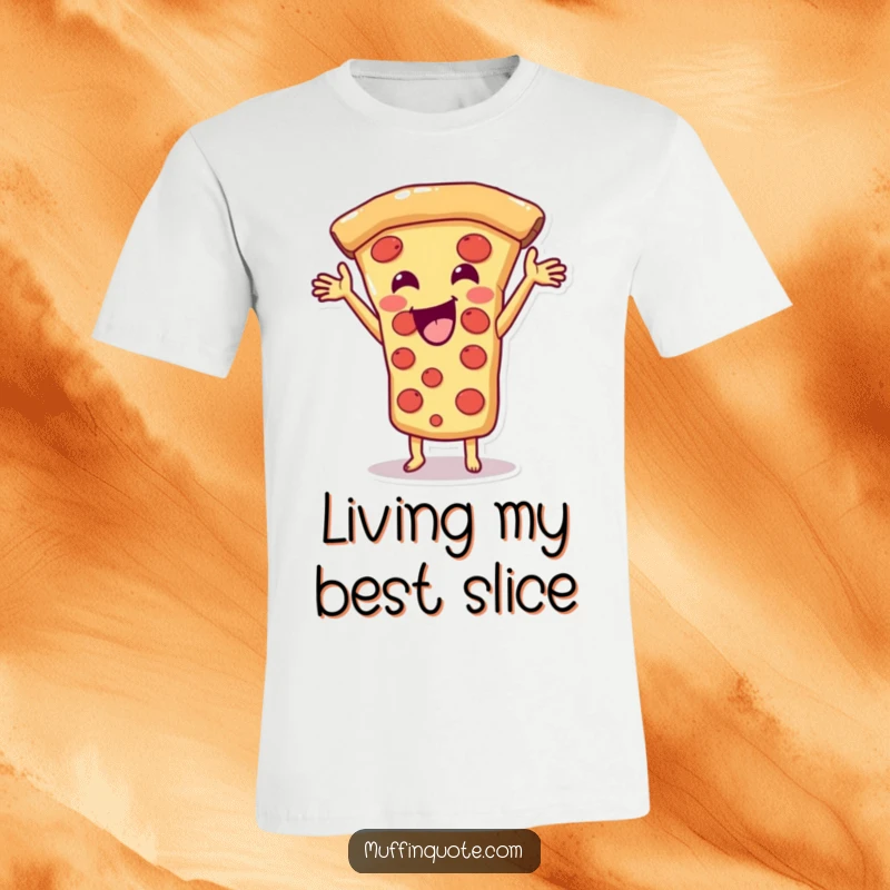 Funny Pizza Slice T-Shirt displaying a joyful character gleefully stretching its cheesy topping, great for foodies and funny gift seekers.