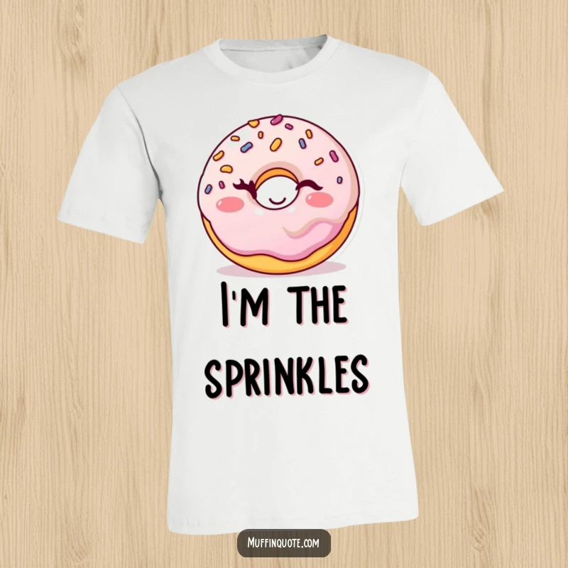 Funny donut t-shirt featuring a cheerful character with sprinkles winking playfully, a sweet and humorous statement piece.