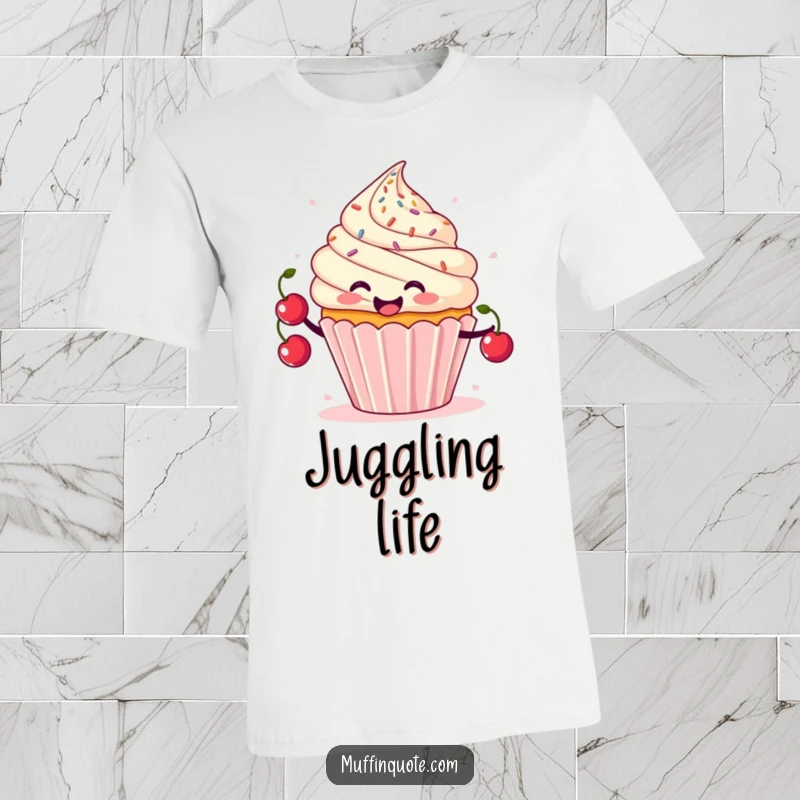 Funny t-shirt with a smiling cupcake character juggling cherries with sprinkles flying, a whimsical dessert theme.