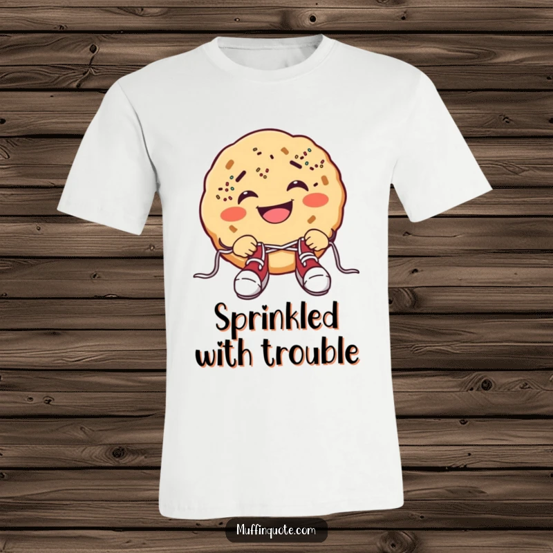 Funny cookie t-shirt of a grinning cookie with sprinkle freckles attempting to tie shoelaces, showcasing relatable clumsiness.