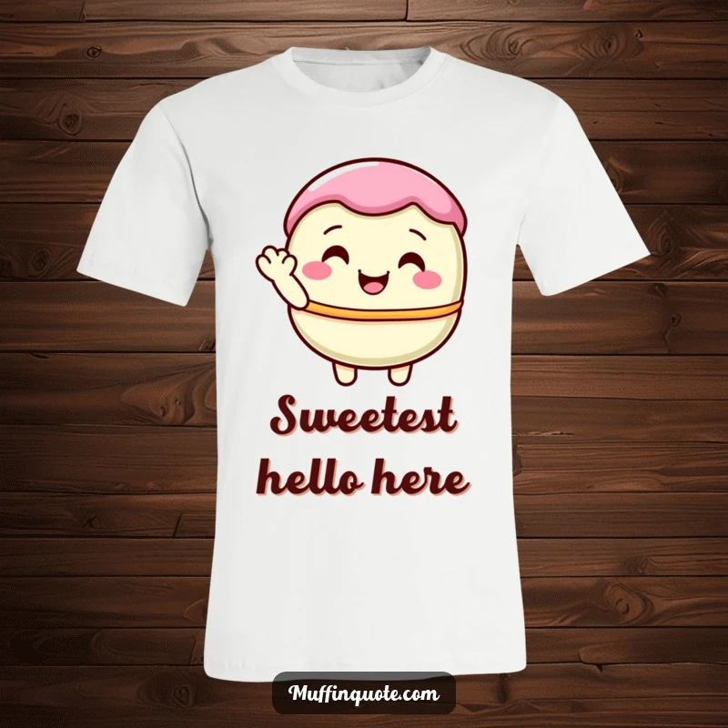 Funny macaron character in a soft pastel color, shyly waving, featured on this cute t-shirt.