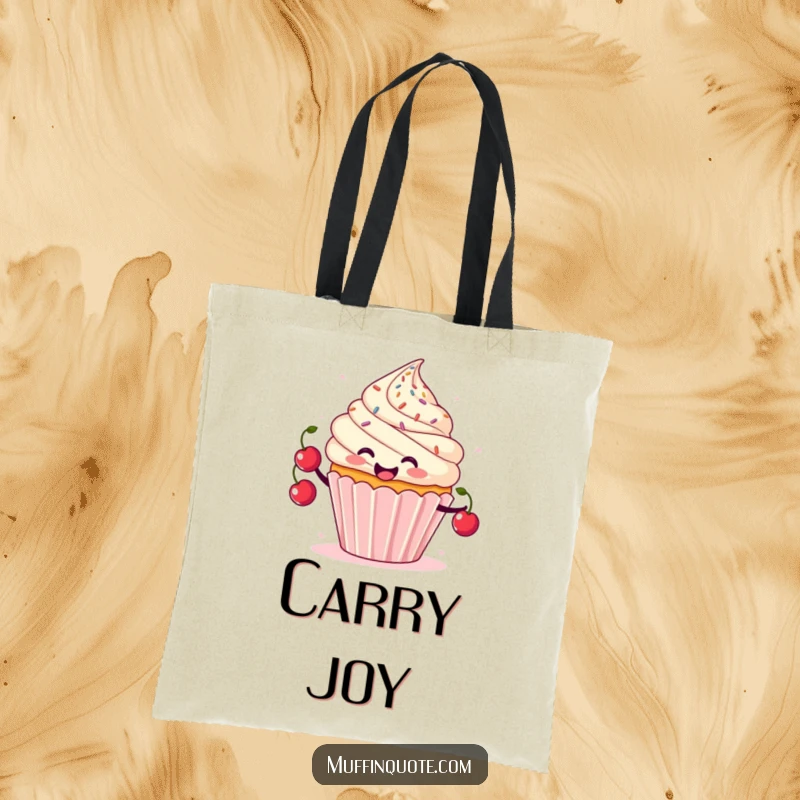 Funny tote bag with a smiling cupcake character juggling cherries with sprinkles flying, a playful accessory.