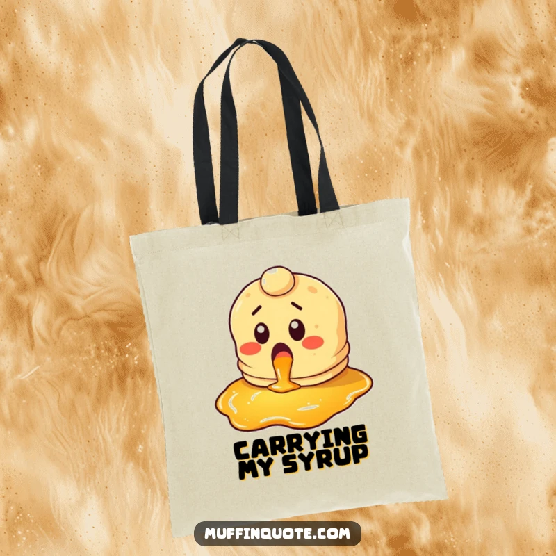 Funny pancake tote bag with a surprised character looking at syrup with glee, a humorous carry-all for breakfast lovers.