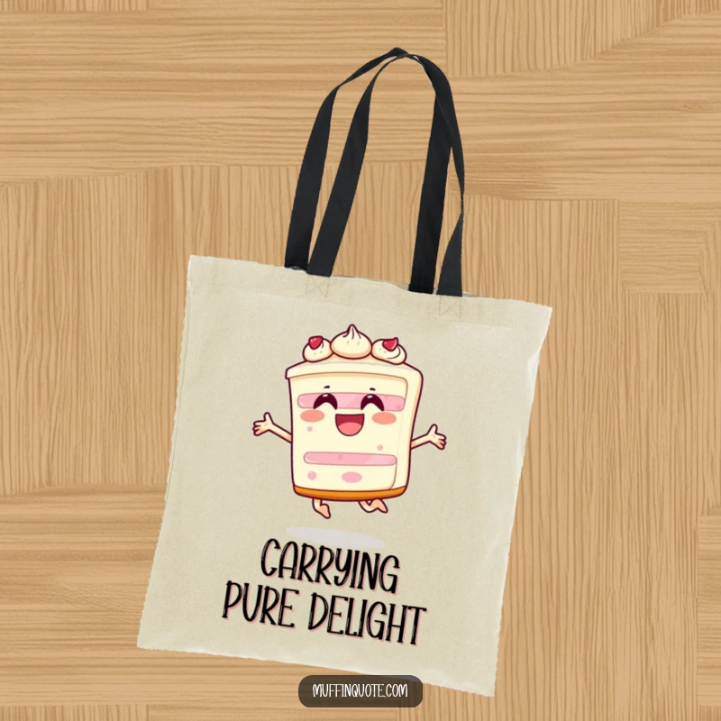 Funny tote bag showcasing a happy slice of cake character leaping with joy, perfect for carrying celebratory essentials.