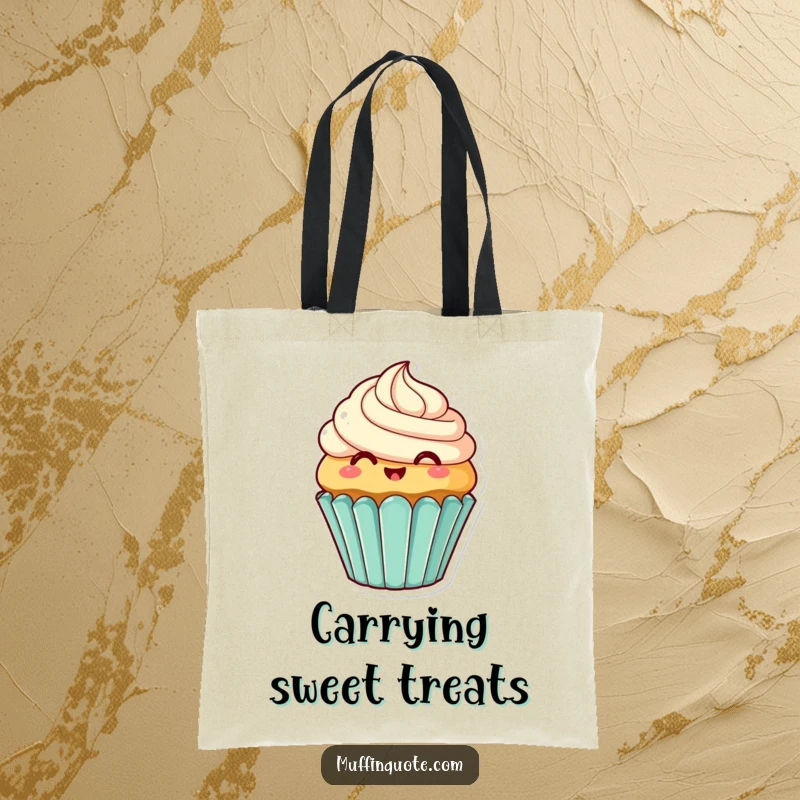 Funny Tote Bag: Smiling cupcake character happily wiggling its frosting, perfect for carrying essentials with a sweet vibe.