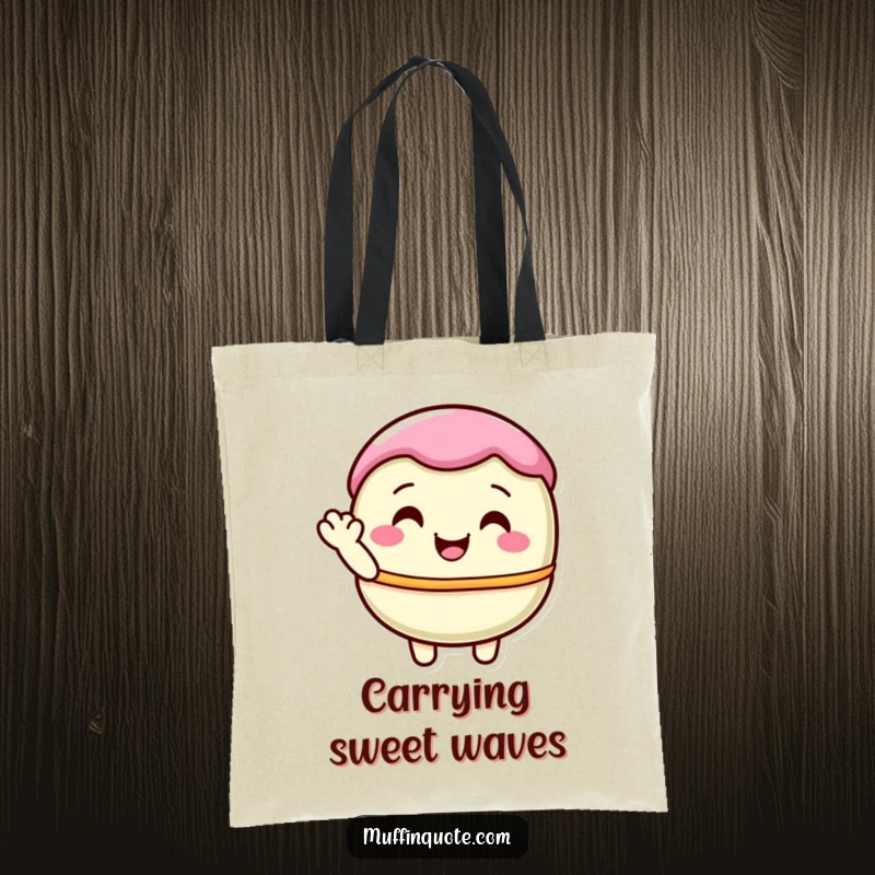 Funny macaron character in a pretty pastel shade, shyly waving hello, on a cute and practical tote bag.