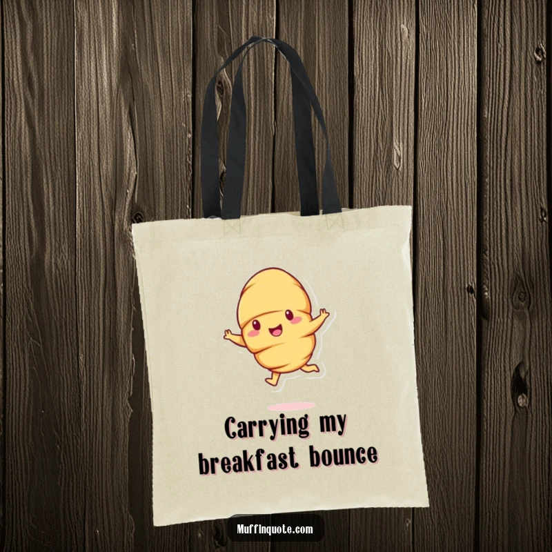 Funny cheerful croissant character performing a bouncy leap, a humorous and functional tote bag.