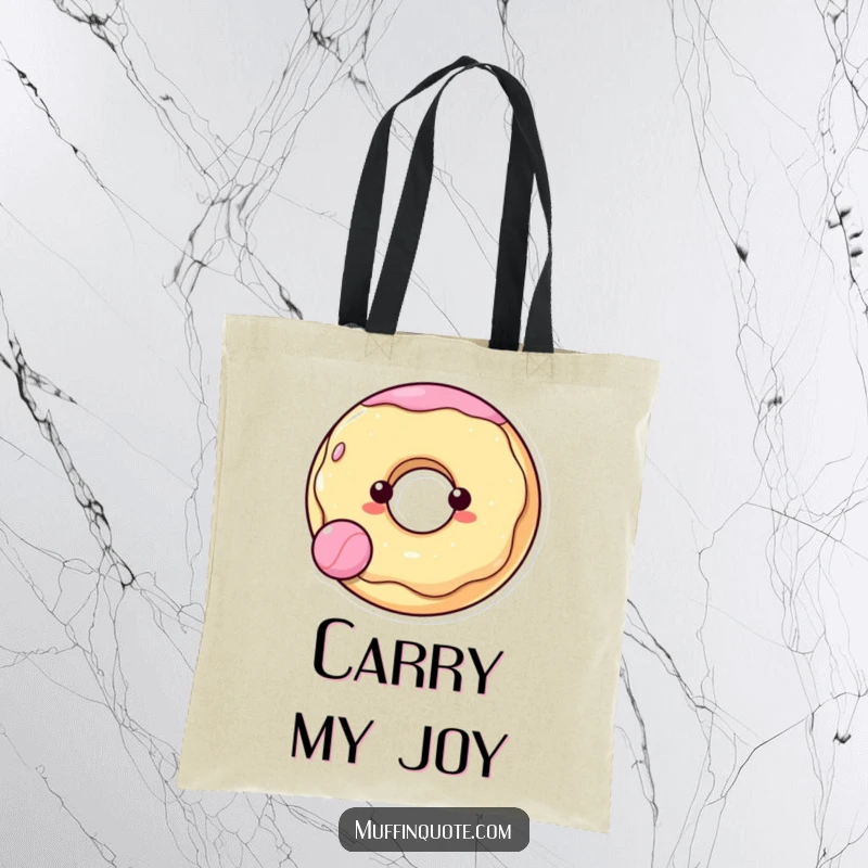 Funny, cheerful donut character energetically bouncing a ball, presented on a practical tote bag for a humorous touch.