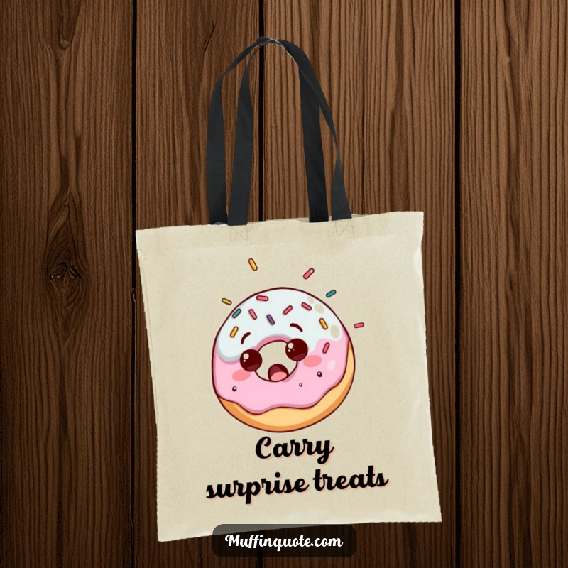 Funny tote bag showcasing a surprised donut character being showered by a delightful cascade of colorful sprinkles, a sweet surprise.