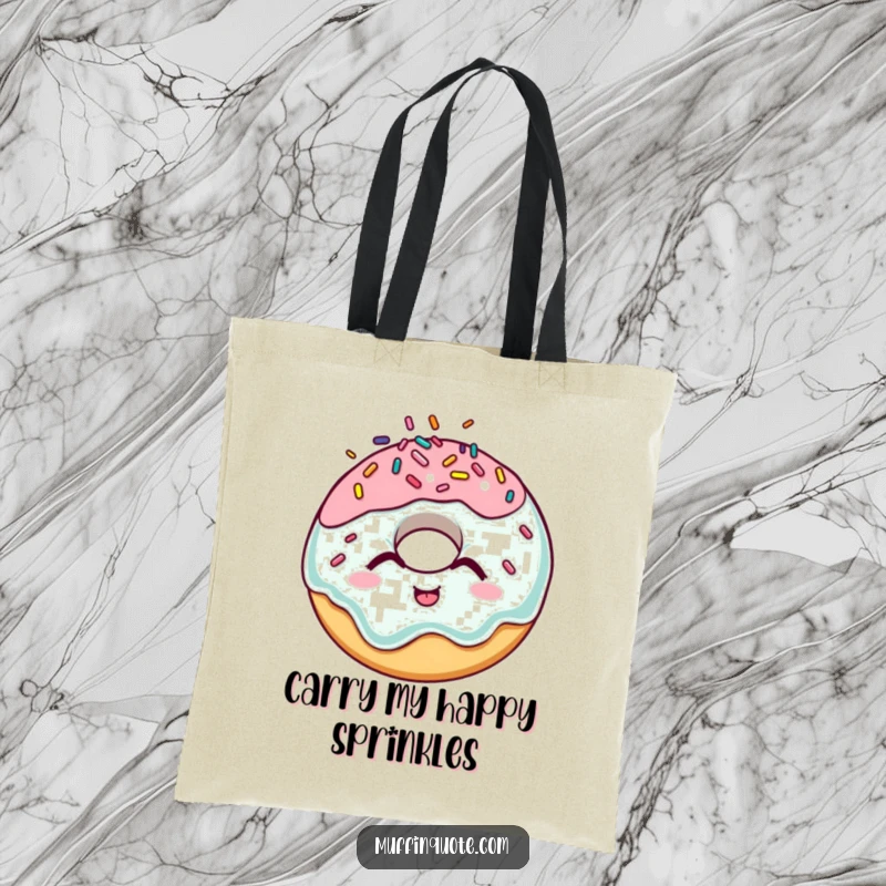Funny donut tote bag with a giggling character and scattered sprinkles, depicting a humorous and practical accessory.