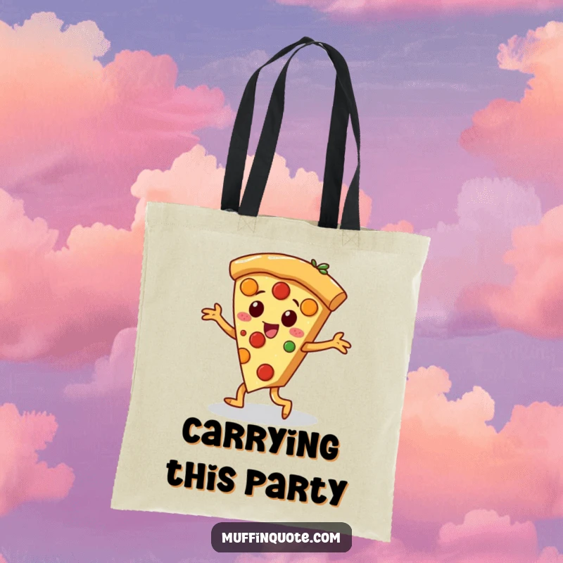 Funny pizza slice character with dancing toppings executing a jig, a humorous and functional tote bag.