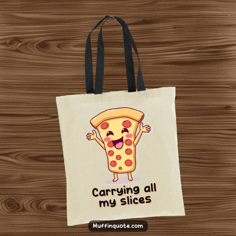 Funny Pizza Slice Tote Bag with a happy character stretching cheesy goodness, ideal for shopping and as a unique funny gift.