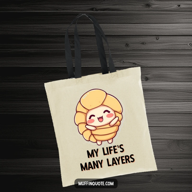Funny Tote Bag: A delighted croissant character unfurls its golden layers, ready to carry your treasures.