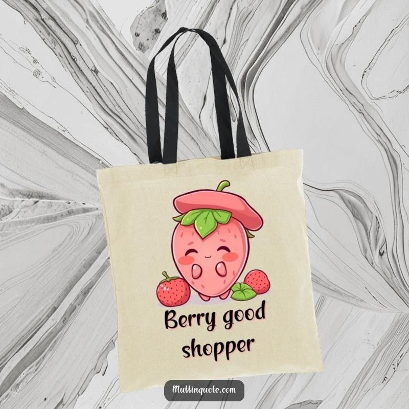 Funny Strawberry Shy Tote Bag with a blushing strawberry character hiding, ideal for shopping and as a unique funny gift.