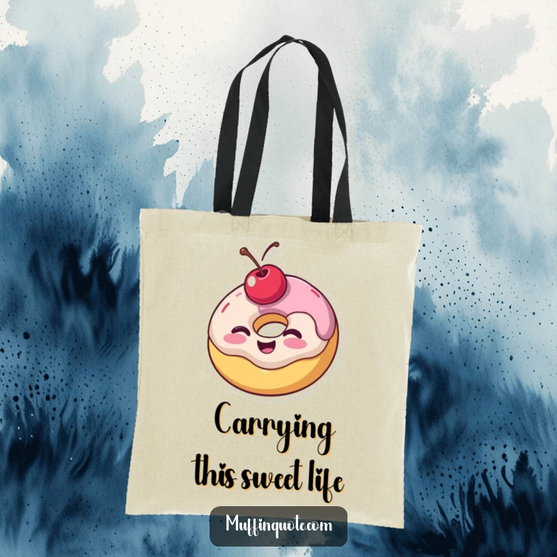 Funny tote bag showcasing a wobbly donut with a cherry on top giving a joyful wink, a humorous accessory for carrying daily items.