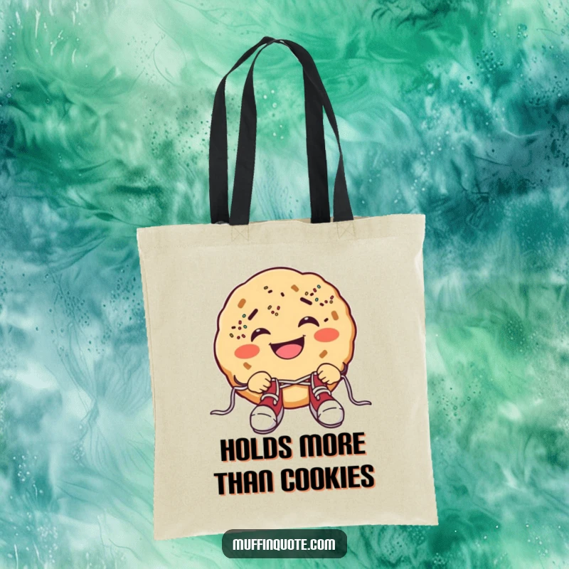 Funny cookie tote bag with a grinning cookie, sprinkle freckles, and shoelace tying struggle, perfect for humorous carrying.