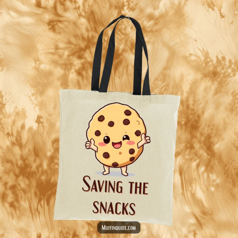 Funny Tote Bag: A giggling chocolate chip cookie character striking a heroic pose, perfect for carrying treats and courage.